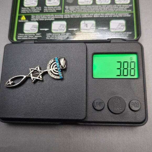 925 Sterling Silver Messianic‑Style Pendant 2" Star Menorah Fish Symbol 3.88g - Picture 9 of 9